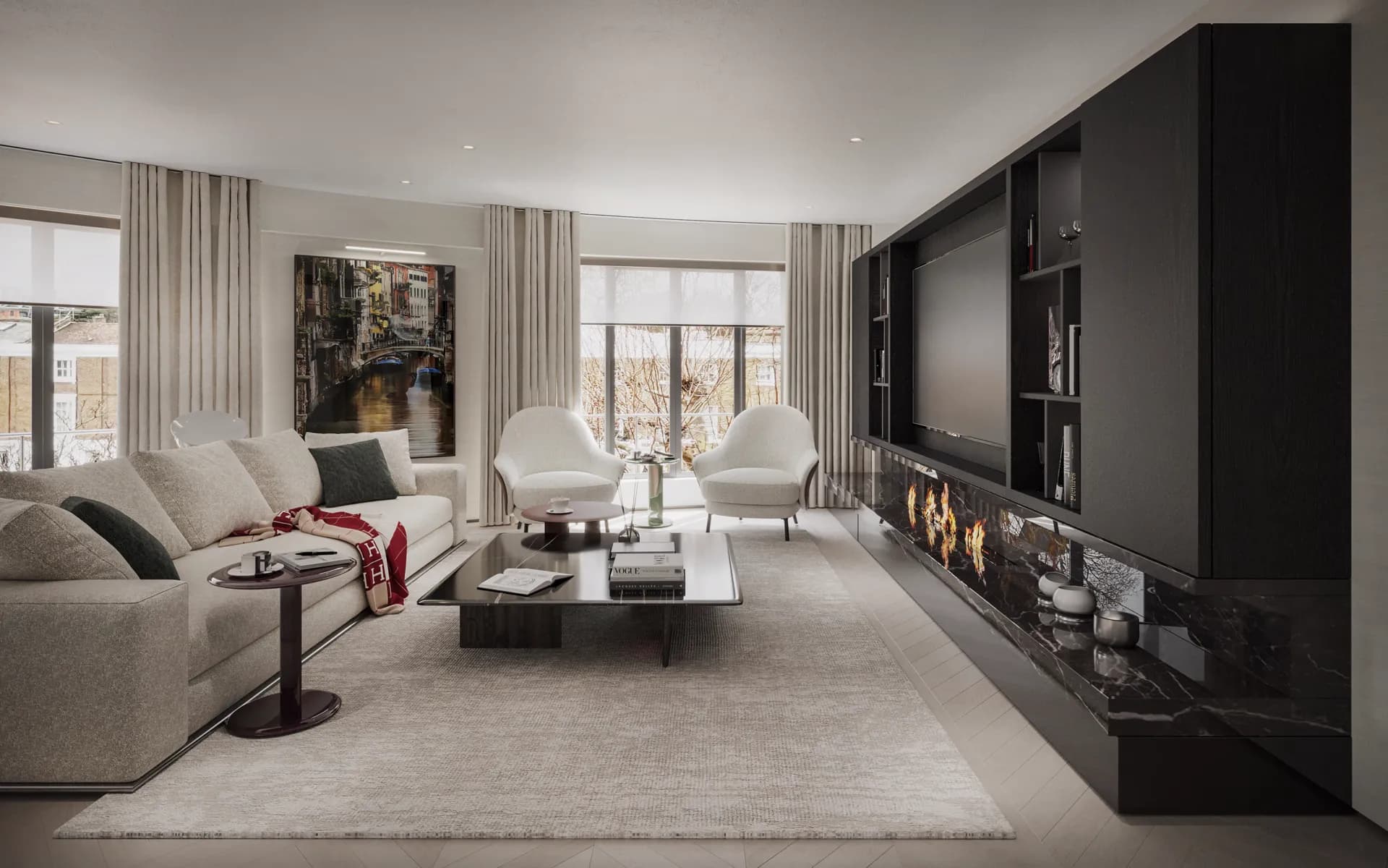 Living room with a cream sectional sofa facing a black media wall and linear fireplace — Chelsea Apartment, London